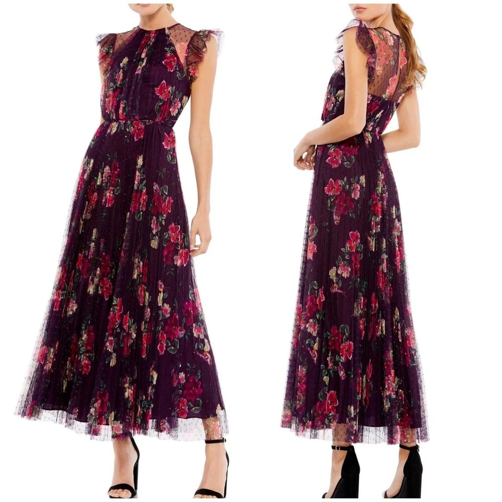 Mac Duggal Purple Floral Flutter Sleeve Midi Dress Size 2 Cap Sleeve Keyhole
